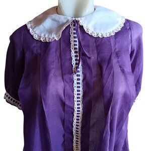 Vintage Girls 10 1960's Frock Top Purple Sheer Blouse Lace Collar & Trim Texas